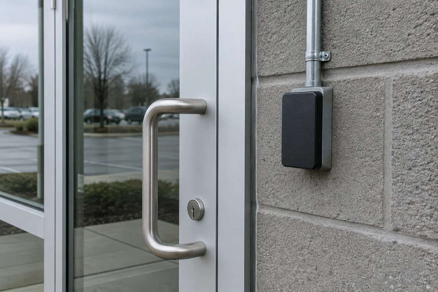 An access reader beside a glass commercial doorway