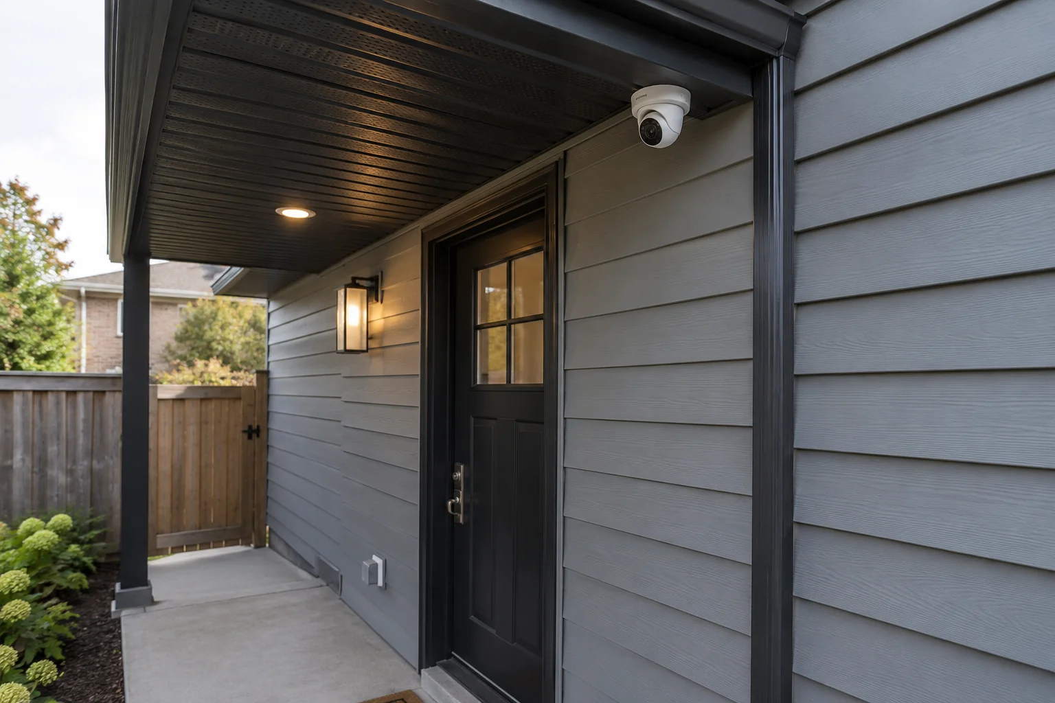 A small security camera above a suburban side entrance